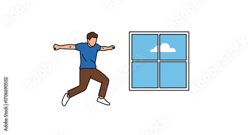 A stylized character joyfully leaping adjacent to a window gazing at the cloud in the sky illustrating a state of freedom and excitement