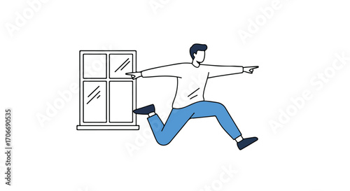 Dynamic leap of faith, stylized character venturing beyond indoor confines towards new horizons and possibilities