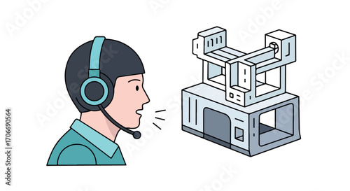 Operator controlling a 3d printer with voice commands for industrial manufacturing process engineering design and prototyping innovation 3d printing
