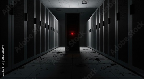 A dim server room with a central rack and glowing red light, surrounded by a chaotic mess of tangled cables