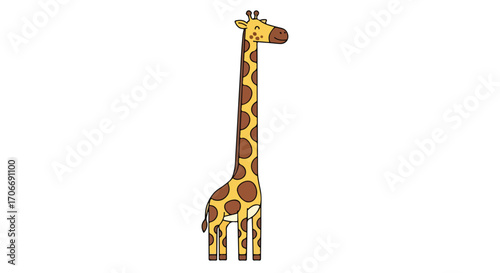 A charming giraffe illustration with its elongated neck standing gracefully, ideal for childrens books and nature themed projects