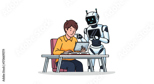 Future of education: A friendly robot tutor assists a student with digital learning on a tablet device empowering education