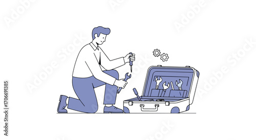 Illustrated handyman with toolbox fixing equipment providing home repair and service illustration featuring essential tools for various maintenance