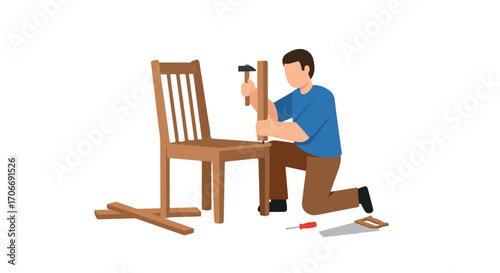 Craftsman carefully restoring a wooden chair with hammer and chisel for a furniture repair project showcasing skill