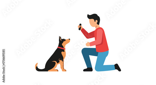 Stylized illustration showcasing a man training his attentive dog with a treat in hand with playful obedience depiction