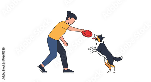 A playful illustration showing a woman joyfully tossing a frisbee for her eager dog in a simple outdoor scene, emphasizing a carefree moment of