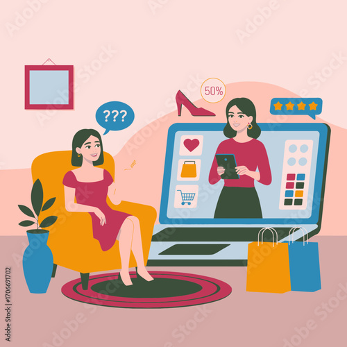 Woman comfortably shops online from her living room, discovering amazing deals and new fashion finds with a 50% off sale highlighted