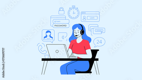 Friendly customer support agent with headset efficiently handling inquiries and providing 24/7 assistance with a smile