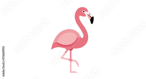 Elegant pink flamingo gracefully stands on one leg, a tropical summer icon represented in a minimalist flat design vector illustration