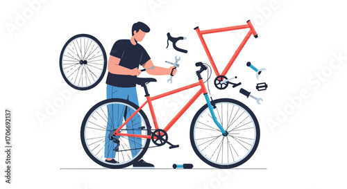 Illustration of a man repairing a bicycle, surrounded by various bicycle parts and tools, showcasing repair and maintenance related activities