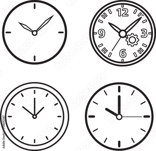 Collection of Diverse Analog Clock Illustrations in Minimalist Line Art Style