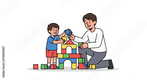 Father and son bonding through creative play with colorful building blocks in a joyful learning environment fostering imagination and togetherness
