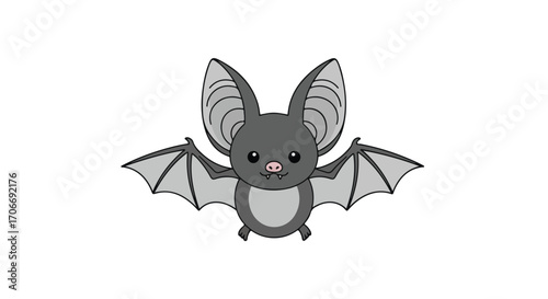 Whimsical Cartoon Bat Illustration with Delicate Wings and Heart-Shaped Nose on a Plain Background