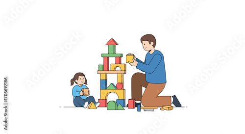 Father and daughter collaboratively construct a vibrant tower using colorful building blocks, fostering familial joy and creative problem-solving