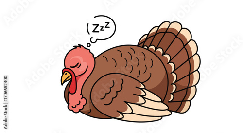 Illustration of a sleeping cartoon turkey with 'zzz' in a thought bubble, perfect for Thanksgiving themes and festive designs, conveys relaxation
