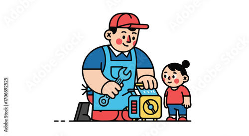 Handyman fixing appliance with daughter looking on with simple bold cartoon aesthetic depicting skilled repair work and endearing family involvement