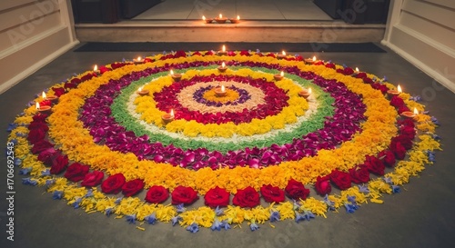 Vibrant floral rangoli adorns entrance candles glowing rich colors intricate circular pattern for a festive display