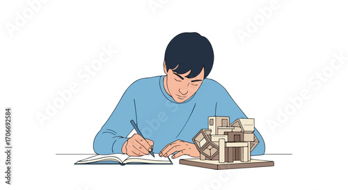 Illustration of a focused young architect sketching design ideas beside a detailed model, capturing the essence of the creative process and