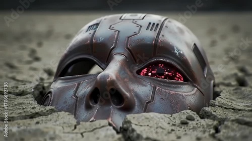 Futuristic Android Face with Crimson Optic Sensor Unearthed from a Desolate World