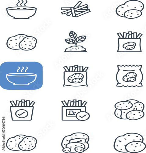 Fresh potato icons showcasing raw tubers, fries, and soup for culinary designs