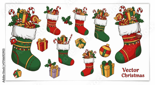 Christmas icon christmas stockings with gifts vector illustration holiday season christmas decoration and candy cane design 100 vector