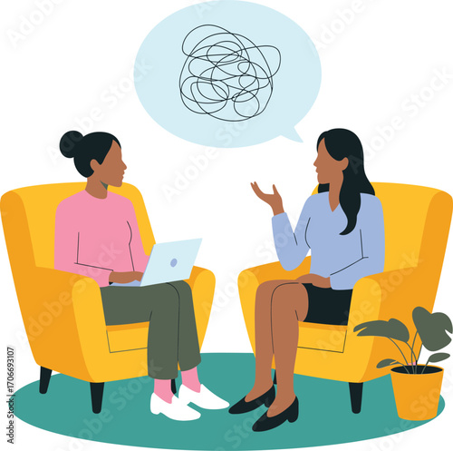 A woman seeking mental clarity during a therapy session with a professional counselor, finding solutions for complex problems