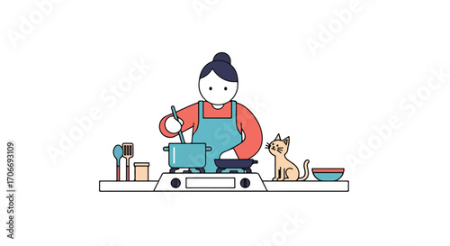 Minimalist illustration featuring a woman cooking with her feline companion offering moral support near the stove top burner