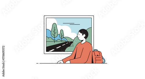 Illustration of a person with a backpack looking at a landscape framed art on a white wall backdrop