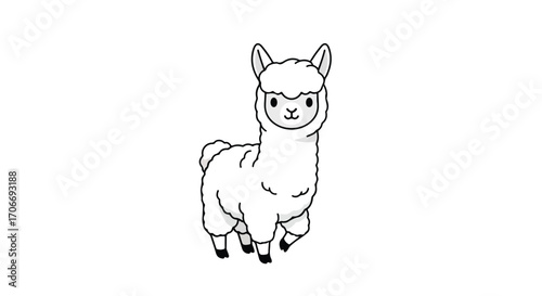 Adorable hand-drawn illustration of a cartoon alpaca with soft fluffy fur and a sweet expression on its face, outlined in black on a clean white