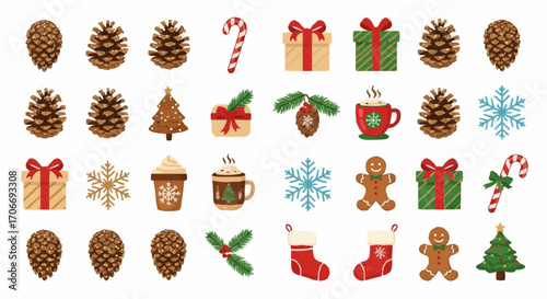 Christmas icon christmas holiday season vector illustration with pine cone gift candy cane snowflake and gingerbread 100 vector