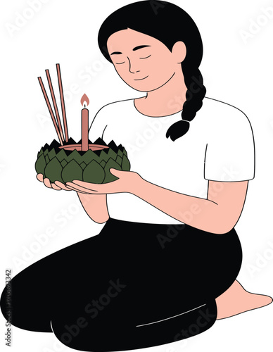 Serene young woman holding a beautifully crafted floral offering with a candle and incense sticks, embodying cultural traditions and peaceful reflection