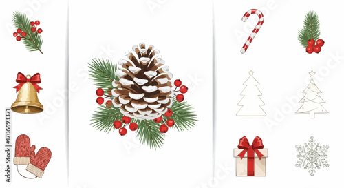 Christmas icon watercolor christmas elements vector illustration with pine cone tree gift bell candy cane snowflake 100 char vector