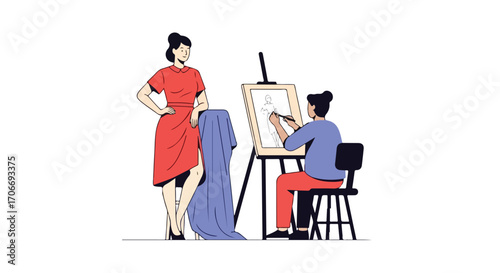 Illustration showcasing an artist sketching a model, capturing the essence of artistic creation and collaboration within a studio setting