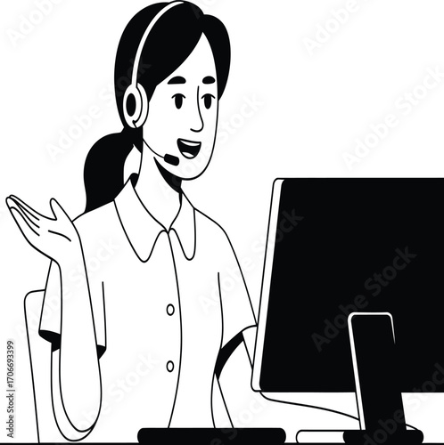 Friendly customer service agent with headset actively assisting clients at a computer, conveying helpfulness and professional support.