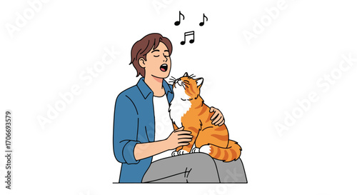 Illustration of a man serenading his orange tabby cat, accompanied by musical notes overhead in a minimalist style artwork