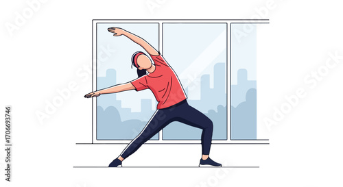 Illustration of a woman practicing triangle pose yoga in front of a large window with a city view promoting wellness and healthy living