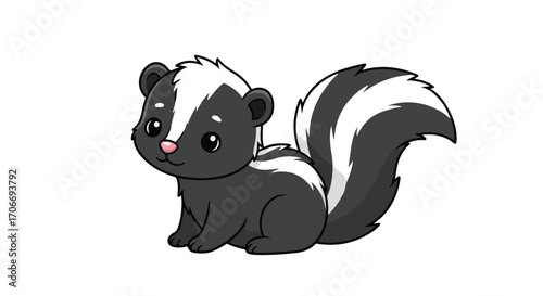 Charming Cartoon Skunk Character Illustration with Expressive Eyes and Playful Tail, isolated on clean white background, vector graphic style