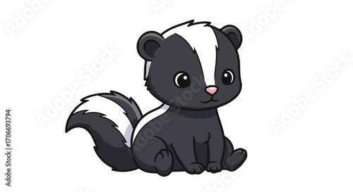 Adorable cartoon skunk sitting innocently on a plain background adding charm to any design or project with its lovely face and cute pose