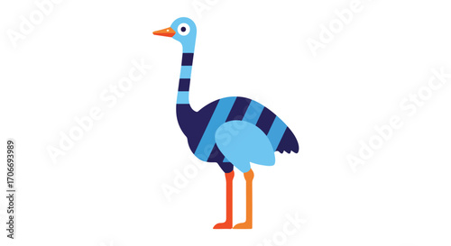Whimsical Ostrich Illustration with Bold Stripes and Playful Design for Children's Products or Educational Materials