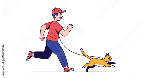 Cartoon image featuring a young man running with his energetic ginger cat on a leash in a white background illustration