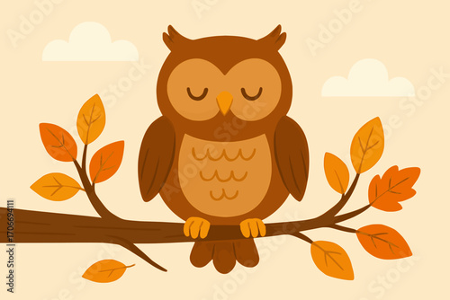 Flat vector illustration of an owl sitting on a branch with autumn leaves