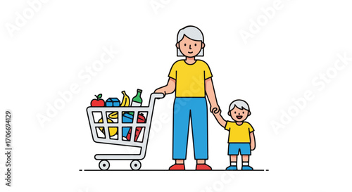 Grandmother and grandchild bonding through weekly grocery run adventure, colorful outlined flat illustration of family dynamic and consumerism themes