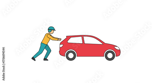 Animated depiction of a person pushing a red vehicle with determination on a plain white backdrop