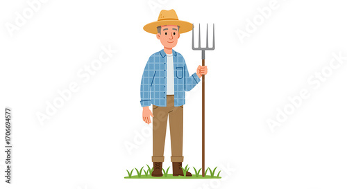 Farmer Standing with Pitchfork on White Background
