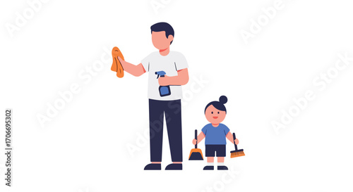 A heartwarming illustration of a dad and daughter embarking on a domestic cleaning adventure together at home