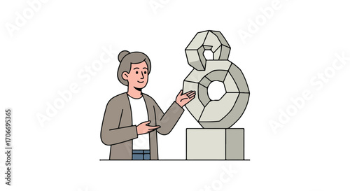 Woman engaging with geometric modern art piece in a museum setting portraying education and appreciation for cultural installations