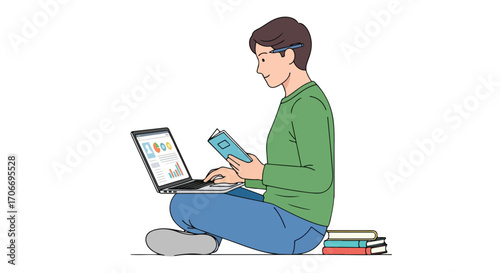 Digital nomad illustration depicting a man simultaneously reading a book and working on a laptop while sitting cross-legged on the floor