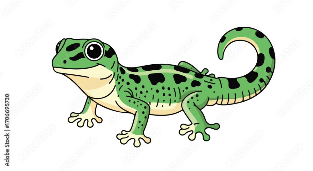 Fototapeta premium Delightful cartoon depiction of a green gecko with captivating spots, conveying charm and animation for various illustrations