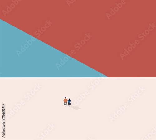 Couple walking on modern stylish city street. Urban lifestyle. Minimal colorful art design. People activities vacation concept
