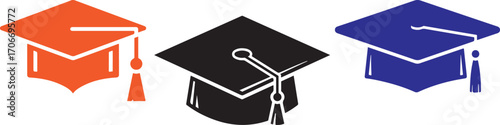 Set of Three Graduation Cap Icons in Orange, Black, and Blue